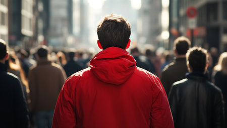 Rear view of a young man in a red jacket standing in a crowdの写真素材
