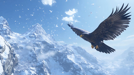 3D Rendering of a Bald Eagle flying over the mountains.の写真素材