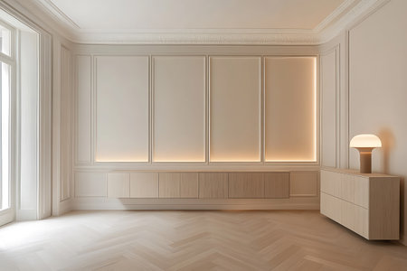 Interior of a living room with white walls, a wooden floor, a chest of drawers and a large window. 3d rendering mock upの写真素材