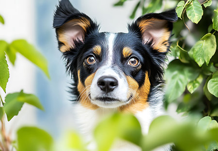 Portrait of a cute black and white dog on a green backgroundの写真素材