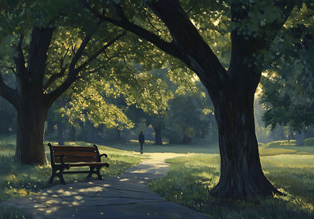 Wooden bench in the park in the rays of the setting sunの写真素材