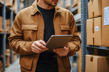 Cropped image of young man using digital tablet while standing in warehouseの写真素材
