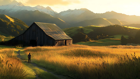 Wooden barn in the meadow at sunset with mountain range in the backgroundの写真素材