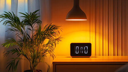 Alarm clock on the nightstand. Time concept. 3d renderingの写真素材