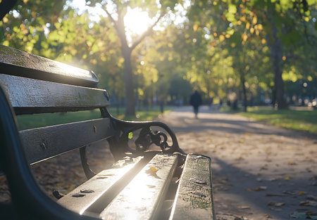 Bench in the city park on a sunny autumn day. Selective focus.の写真素材