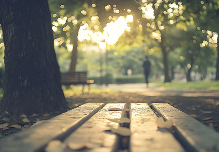 Wooden bench in the park with sunlight and bokeh backgroundの写真素材