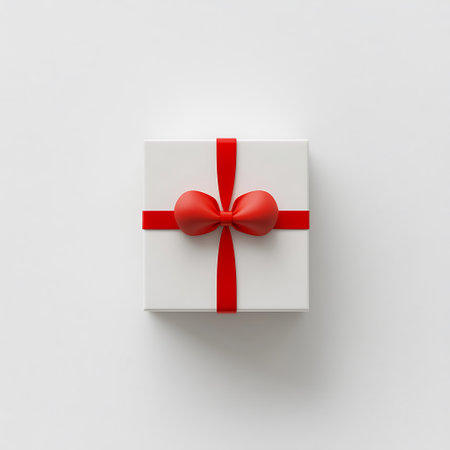 White gift box with red bow isolated on white background. 3d renderの写真素材