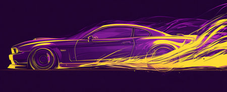 sport car sketch illustration in yellow and violet colors on dark backgroundの写真素材