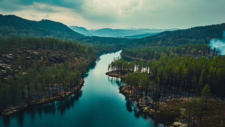 Aerial view of the river Katun in Altai mountains, Russiaの写真素材