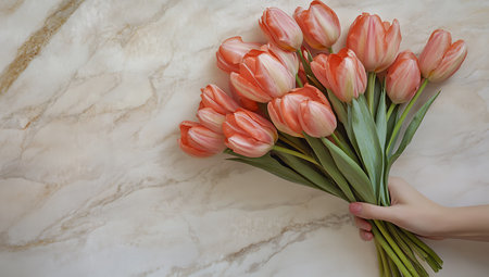 Bouquet of pink tulips in female hands on a marble backgroundの写真素材