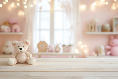 Cute teddy bear on wooden table in baby room. Space for textの写真素材
