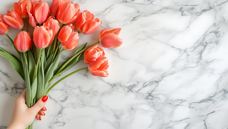 Bouquet of pink tulips on a white marble background with copy spaceの写真素材