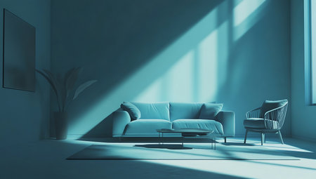 Interior of modern living room with blue walls, concrete floor, white sofa and armchair. 3d renderの写真素材