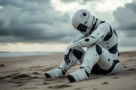 3d rendering robot sitting on the beach with stormy sky backgroundの写真素材
