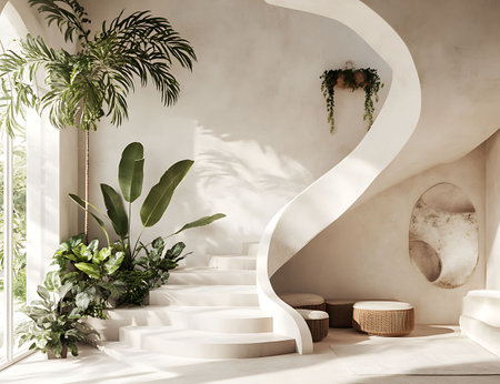 3d render of a modern interior design with stairs and plants.の写真素材