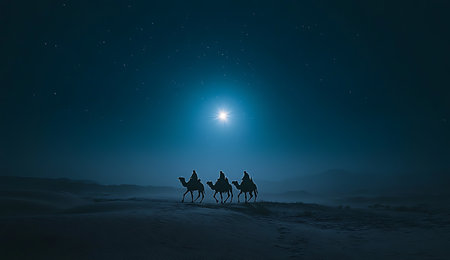 Three wise men on camels in the desert at night. 3D renderingの写真素材