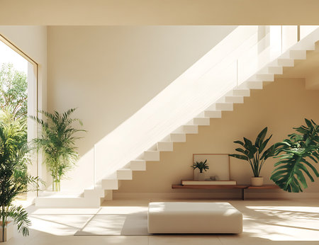 Interior of modern living room with beige walls, tiled floor, white sofa and plants. 3d renderの写真素材