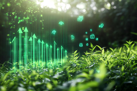 Green tea leaves and high-tech digital hologram on nature backgroundの写真素材