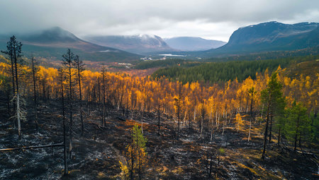 Forest fire in the taiga of Kola Peninsula, Russia.の写真素材