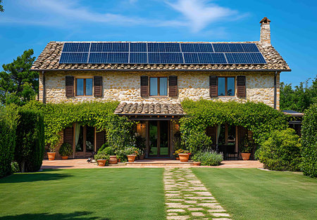 House with solar panels in the garden. The concept of renewable energy.の写真素材