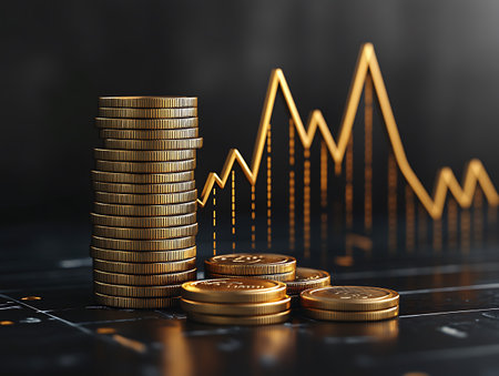 Stack of gold coins and financial chart on dark background. 3d illustrationの写真素材
