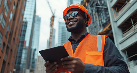 Portrait of african american male engineer using digital tablet in construction siteの写真素材