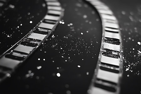 Close-up shot of a film strip on a black background.の写真素材