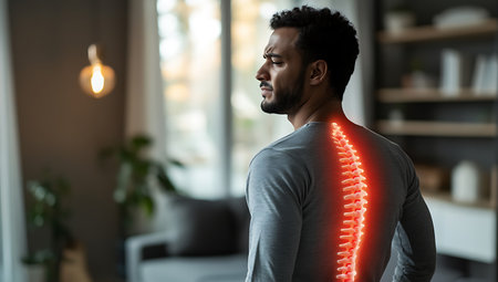 Side view of young man suffering from back pain while standing in living room at homeの写真素材