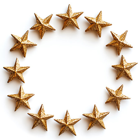 Christmas frame made of golden stars isolated on white background. Flat lay, top view.の写真素材