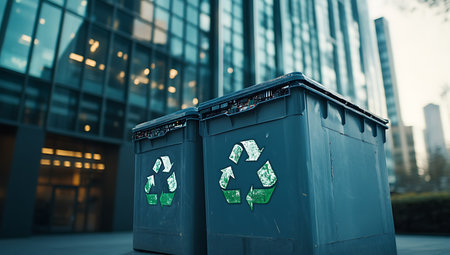 Recycling bins in front of a modern office building in Frankfurt, Germany.の写真素材