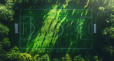 Soccer field with green grass and red football players. Aerial viewの写真素材