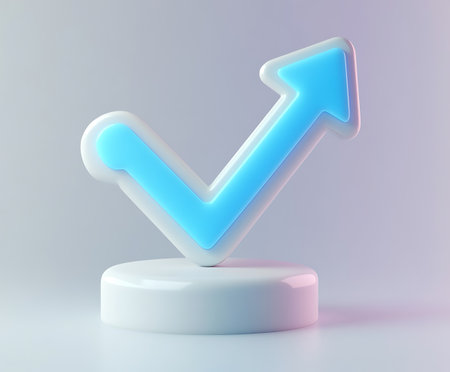 3d rendering of a blue arrow on a white podium in the studioの写真素材
