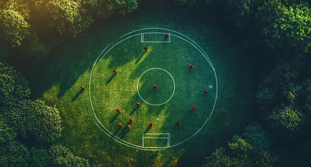 Soccer field with red players. Top view from above. 3D renderingの写真素材