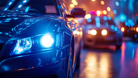 Car headlights on the background of traffic jam in the city at nightの写真素材