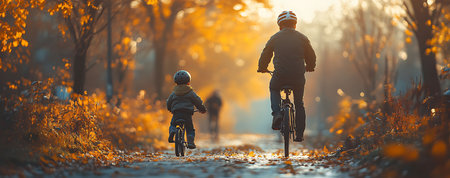 Father and son cycling in autumn park. Active family life concept.の写真素材