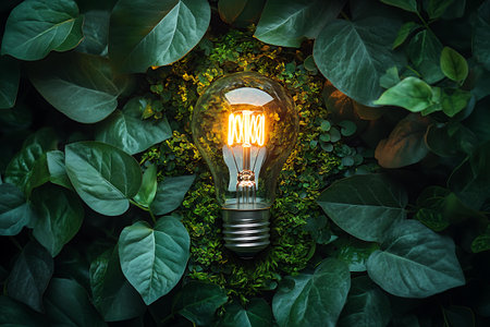 Glowing light bulb on green leaves background. Idea and inspiration concept.の写真素材