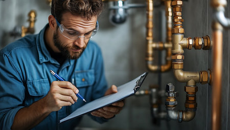 Portrait of a handsome young man in a plumber's overalls and glasses. He is writing on a clipboard.の写真素材