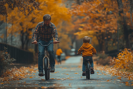 Father teaches son to ride a bicycle in the autumn park. Autumn concept.の写真素材