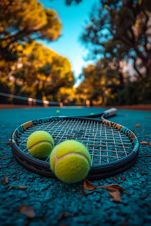 Tennis racket and balls on the tennis court. Selective focus.の写真素材