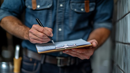 Close-up of a construction worker writing on a clipboard with a penの写真素材
