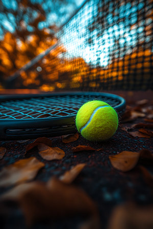 Tennis ball and racket on the tennis court with fallen leaves.の写真素材