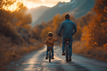 Father and son riding bikes in the mountains at sunset. Happy family.の写真素材