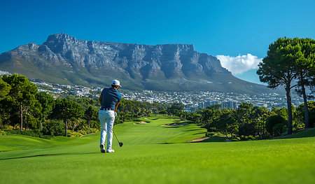 Golf player standing on green and looking at beautiful view of the golf courseの写真素材