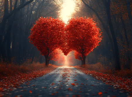 Heart shaped trees in a foggy autumn forest. 3D renderingの写真素材