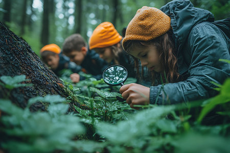Group of kids with magnifying glass exploring plants in the forest.の写真素材