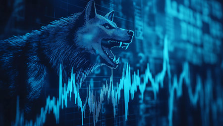 Double exposure of wolf head and stock market chart on blue background.の写真素材