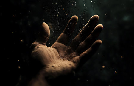 Man hand with dust and smoke on black background. 3d renderingの写真素材