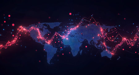 Abstract digital world map with glowing connections. Technology and communication concept. 3D Renderingの写真素材