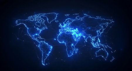 World map with glowing lines and points. Abstract blue background. 3d renderingの写真素材