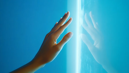 Close up of human hand reaching out from the edge of a swimming poolの写真素材